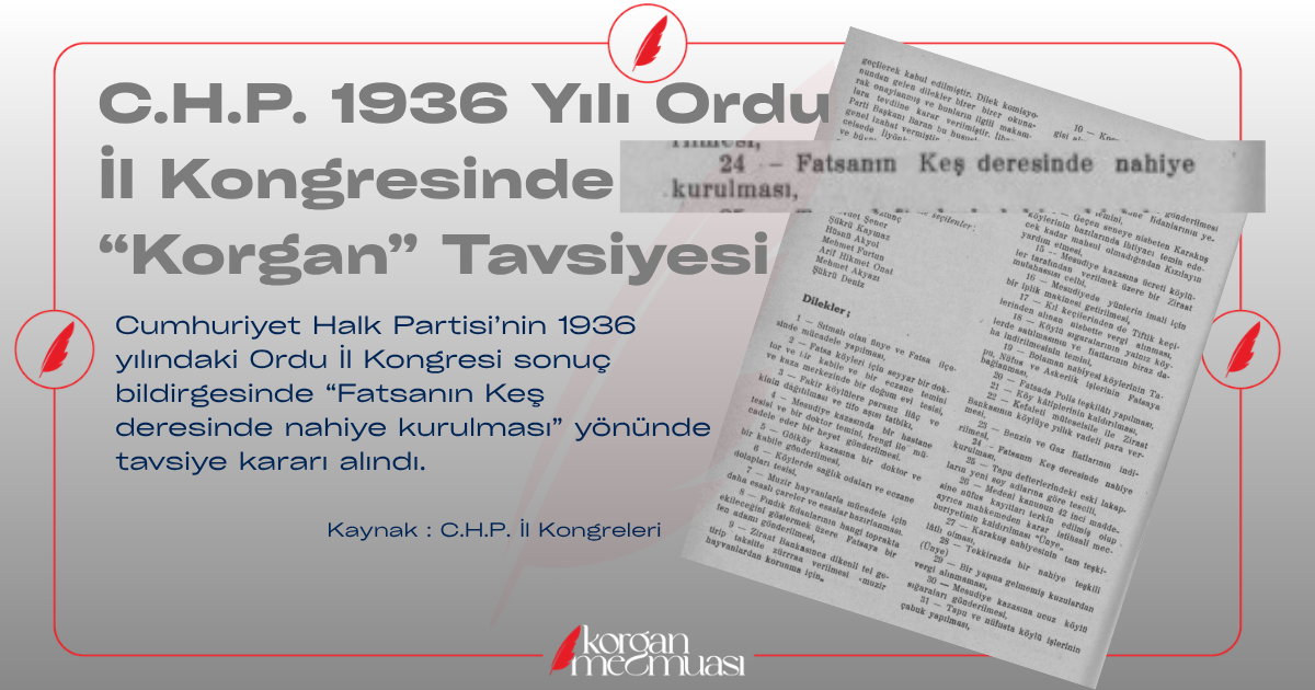 C.H.P.'nin 1936 Yılı Ordu İl Kongresinde "Korgan" Tavsiyesi
