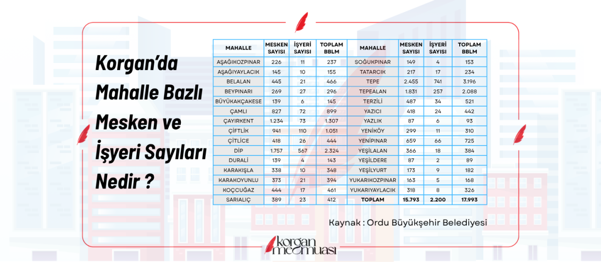 Korgan'da Mahalle Bazlı Mesken ve İşyeri Sayıları Nedir